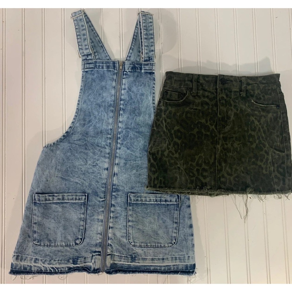 Tractr Skirt Dress Set Girls Medium Blue Olive Leopard Acid Wash Denim Y2K 2pc